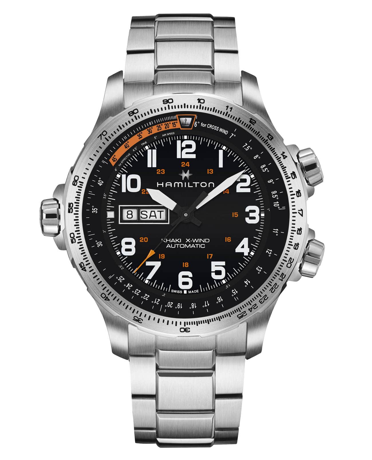 Hamilton Hamilton Khaki Aviation X Wind Day Date Auto H77755133  H77755133 механические мужские часы черный циферблат, браслет нержавеющая сталь — вид спереди
