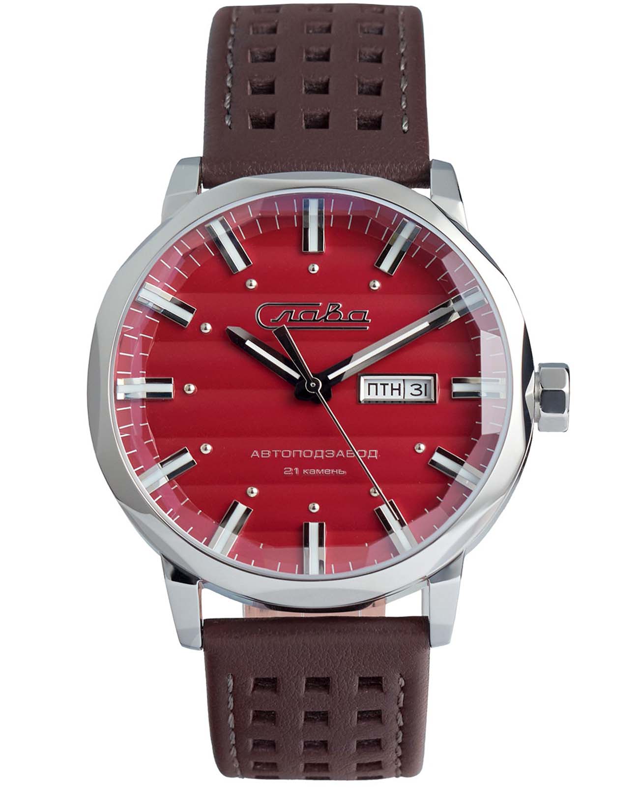 Слава Слава Эра 3020696/300-8205  3020696/300-8205 механические мужские часы красный циферблат, браслет кожаный — вид спереди