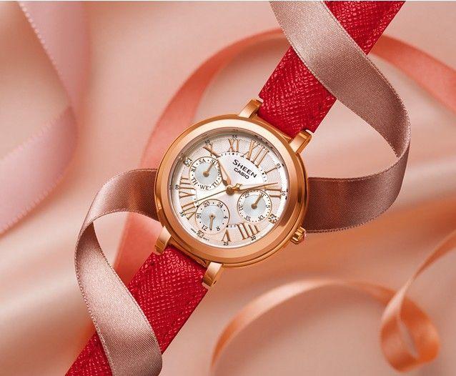 Casio Casio Sheen SHE-3034GL-7B, sheen япония женские часы на браслете кожа + текстиль боковой вид