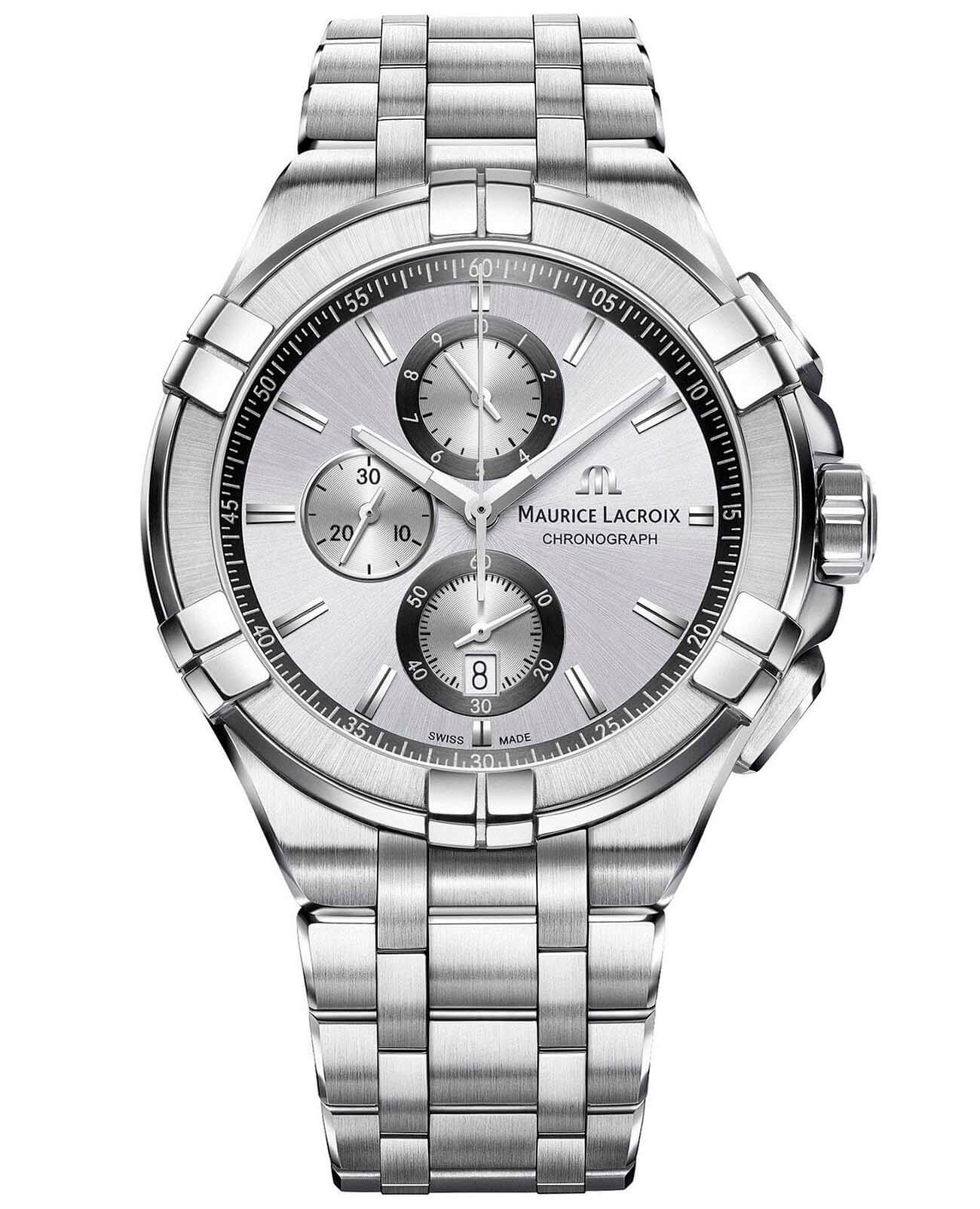 Maurice Lacroix Maurice Lacroix Aikon Chronograph AI1018-SS002-130-1  AI1018-SS002-130-1 кварцевые мужские часы серебристый циферблат, браслет нержавеющая сталь — вид спереди
