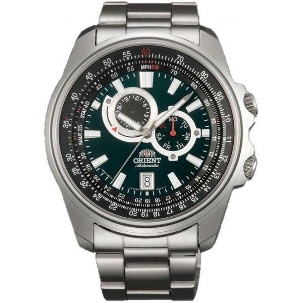 Orient Orient ET0Q003F (FET0Q003F)  FET0Q003F механические мужские часы зеленый циферблат, браслет  — вид спереди