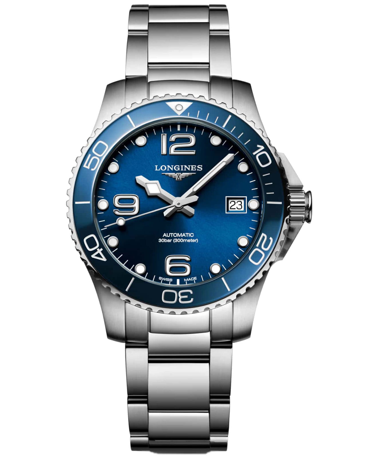 Longines Longines HydroConquest L3.780.4.96.6  L37804966 механические женские часы синий циферблат, браслет нержавеющая сталь — вид спереди